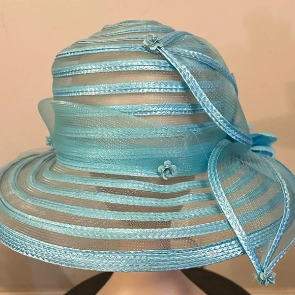 Blue Organza and straw hat flower accent perfect for derby, church, wedding - Picture 4 of 6